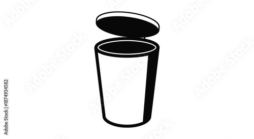 A simple black and white illustration depicting an open container with a cylindrical form silhouette