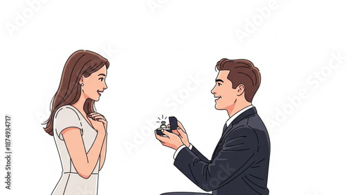 Man proposing marriage to a surprised woman with a diamond ring romantic engagement moment illustration for wedding and relationship concepts