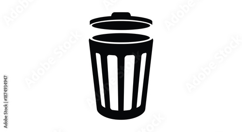 A simple black and white depiction of a waste receptacle with its lid open silhouette