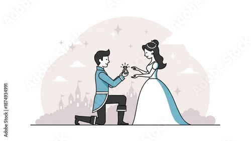 Prince proposing to princess with engagement ring fairytale romance concept vector illustration for wedding or love story