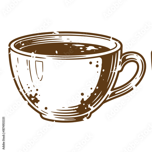 Drawing Vintage Brown coffee cup with handle on right side filled with liquid  beverage concept