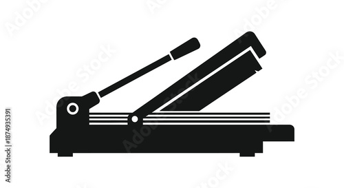 A stark depiction of a paper cutter in a black and white silhouette