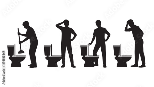 Clogged Toilet Problem Man Plunging and Frustrated Silhouette Vector Illustration