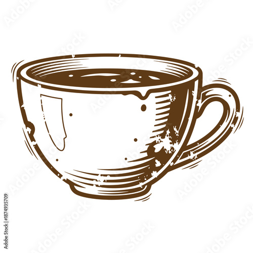 Drawing Vintage Brown coffee cup with handle on right side filled with hot beverage  grunge style illustration