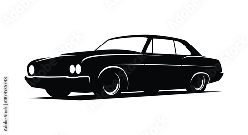 A striking black classic muscle car design presented in a bold dramatic silhouette