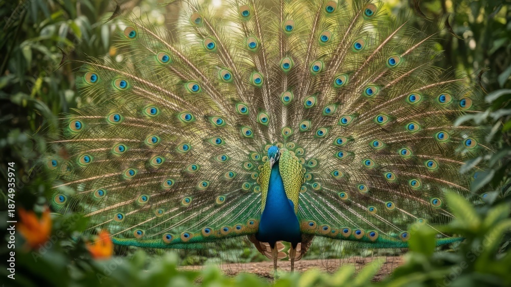 Obraz premium Peacock displaying its vibrant and colorful feathers in a natural environment. Exotic bird symbolizing beauty, elegance, and wildlife diversity. Suitable for nature, wildlife, and decorative concepts