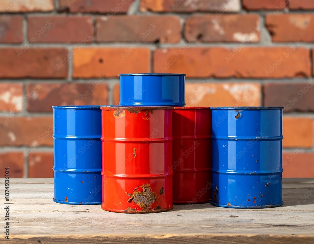 Obraz premium Small, colorful metal barrels with rust, against a brick wall background, resting on wooden planks