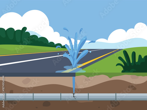Underground pipe breakthrough and leak, road and soil layer, sewer accident