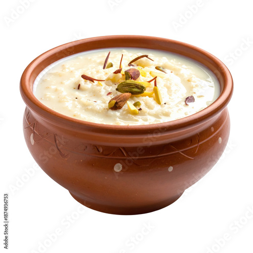 A bowl of rice pudding (Phirni) in a clay bowl, isolated on white background