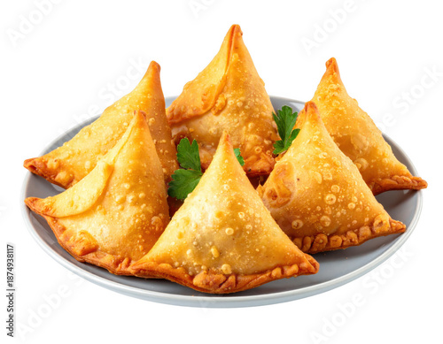 A plate of golden crispy fried samosas with vegetable filling, isolated on white background