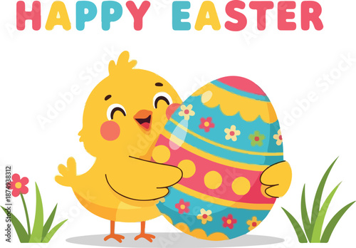 Cute yellow chick holding a colorful Easter egg with flowers and grass around, celebrating Happy Easter