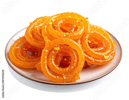 A plate of sweet Jalebi with sticky syrup, golden color, isolated on white background
