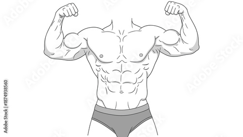 A line art drawing of a muscular man's upper body, flexing his biceps to showcase his well-defined chest, shoulders, and abdominal muscles.