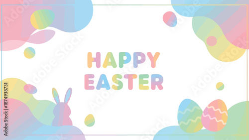 Happy Easter greeting with colorful pastel abstract shapes, a silhouette of a rabbit, and decorated eggs on a white background
