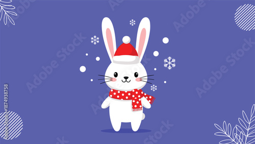 A cute white winter rabbit wearing a red Santa hat and a matching polka-dot scarf stands against a purple background with falling snowflakes.