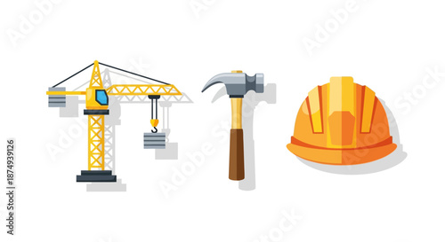 Construction Tools - Crane, Hammer, and Hard Hat Illustration for Building Projects.