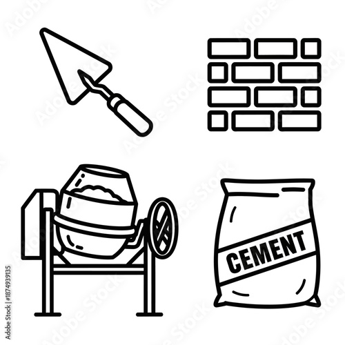 Construction tools and materials - Trowel, brick wall, cement mixer, and cement bag.