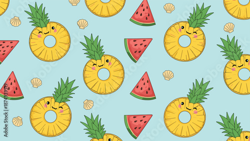 A fun and summery seamless pattern featuring cute kawaii pineapple rings, slices of watermelon, and little seashells on a light blue background.
