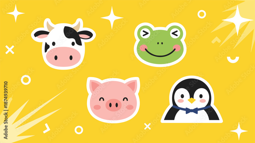 Obraz premium A cute collection of four smiling animal face stickers, including a cow, frog, pig, and a penguin wearing a bowtie, on a sunny yellow background.