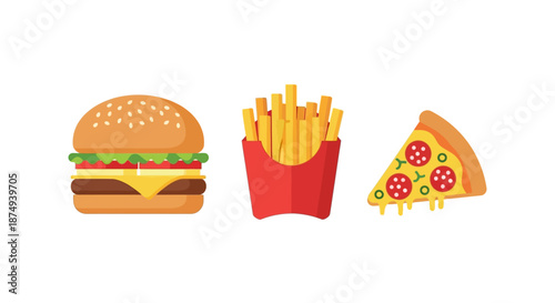 Delicious Fast Food Combination - Burger, Fries, and Pizza Slice.
