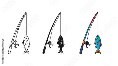 Set of three fishing rod icons with fish caught, including outline, solid black, and color versions
