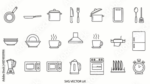 Kitchen Utensils and Appliances Line Icons Set.
