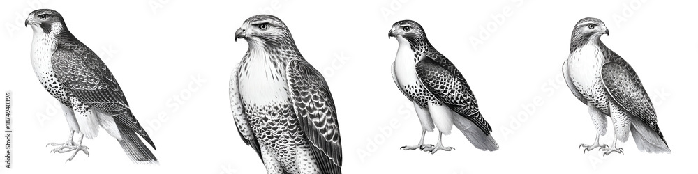 Fototapeta premium Bird of Prey Set: Falcon and Hawk Illustration on White