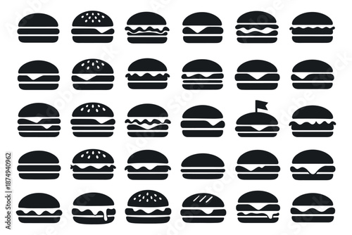 Burger icon set featuring various ingredients and toppings for fast food menus and branding