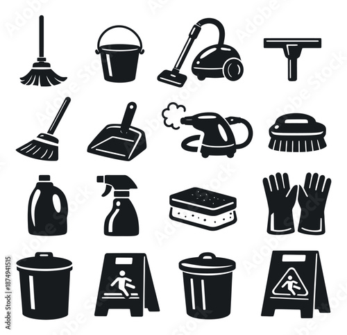 Minimal cleaning supplies set featuring household equipment and warning signs for sanitation and hygiene concepts