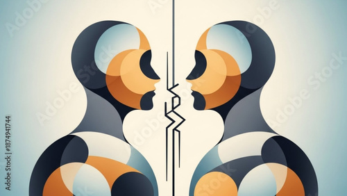Two stylized human figures facing each other with a crack