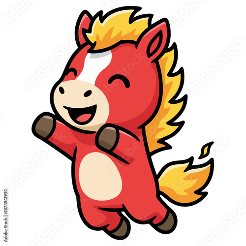 Fast moving fire horse mascot jumping through the air with energy for new year 2026.