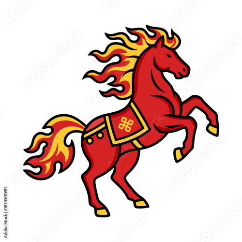 Powerful fire horse mascot rearing up with red saddle for 2026 Chinese New Year celebration.