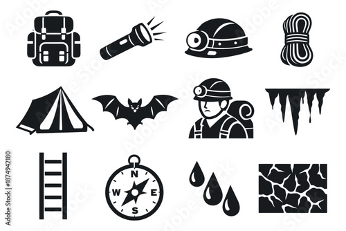 Modern glyph caving and camping icons set featuring adventure equipment and underground elements for exploration