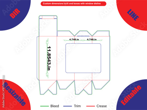 Custom dimensions tuck end box with window dieline template