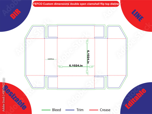 F E F C O Custom Dimensions Double Open Clamshell Flip Dieline with Measurements