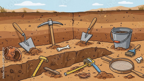 Archaeological dig site with tools and artifacts excavation trench revealing history concept of discovery and research
