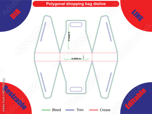 Polygonal shopping bag die line with bleed trim and crease markings