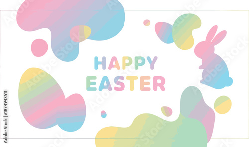 Happy Easter greeting with soft pastel colored abstract shapes and a bunny silhouette