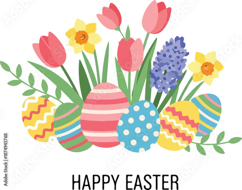 Happy Easter greeting card with colorful decorated eggs, tulips, daffodils and hyacinths, perfect for springtime celebrations