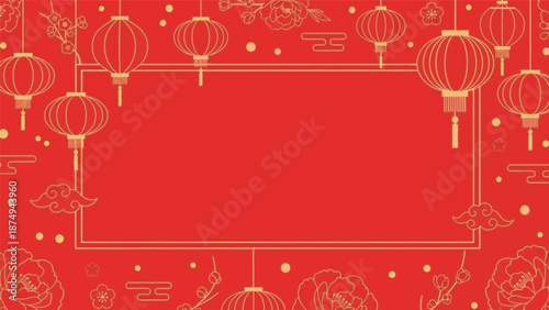 Vibrant Red Traditional Chinese New Year Festive Background with Golden Lanterns and Floral Outlines, Offering a Blank Space for Text or Greetings