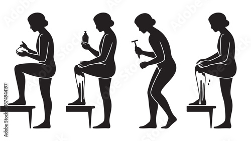 Woman Shaving Legs Step-by-Step in a Clean Graphic Black and White Silhouette Illustration for Personal Hygiene Guide.