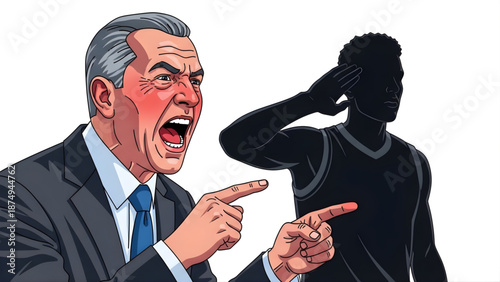 Angry businessman yelling and pointing at a silhouette of a person covering their ears