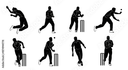 Set of Minimalist Cricket Player Silhouettes Featuring Bowling and Fielding Action Poses