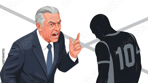 An angry coach or manager intensely scolds a disappointed athlete, illustrating a moment of high-stakes criticism, pressure, and accountability in professional sports or business
