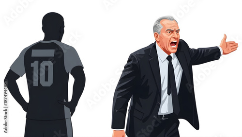 Furious professional football coach intensely shouts instructions and expresses his frustration towards a silhouetted player on the field, emphasizing the pressure of competition and tactical demands