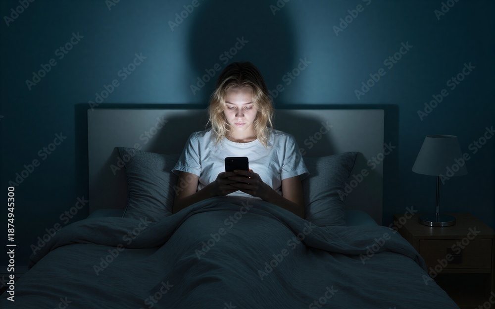 Fototapeta premium Woman in bed at night, illuminated by phone screen light.