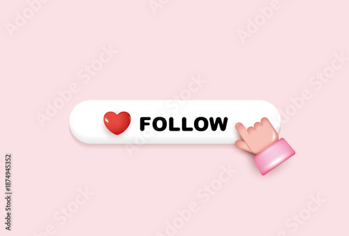 Cute 3D follow button with red heart icon and pointing hand gesture on pastel background, perfect for social media, marketing, and influencer content.