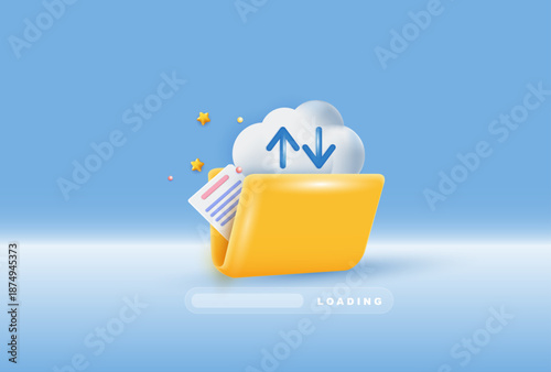 3D cloud storage folder with upload and download arrows, digital file transfer, online data backup, document management, modern glossy illustration for web and mobile app. vector 3d design.