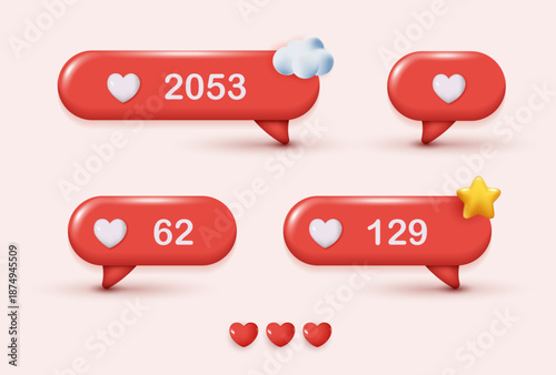 Chat speech bubble with 3d hearts. social media like icon. chat love message with cute 3d hearts. valentine's Day. app love comment. social media concept, love emoticon. 3d vector.