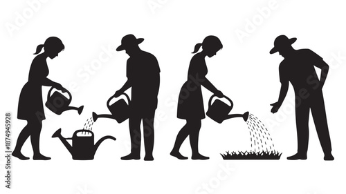 Gardeners Watering Plants and Seeds with Cans, Black Silhouette Vector